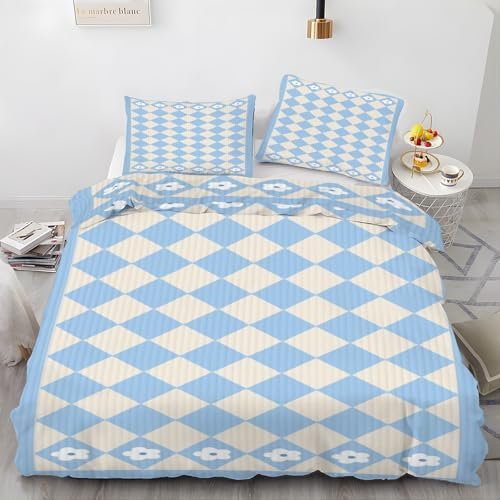 EXSANLIEAY Gitter Bettwäsche 200x200 - Blau Wendebettwäsche, Weiche & Atmungsaktiv Microfaser Bettbezug + 2 Kissenbezug 80x80, Angenehme bettwäsche-Sets, 3 Teiligmit Reißverschluss