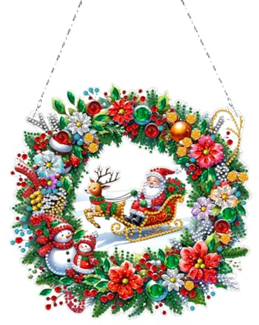 Generisch Diamond Painting Türkranz Weihnachtskranz Diamond Painting Anhänger mit Kette Diamant Malerei Fensterbilder Weihnachten Kranz Set für Wand Und Eingang Fenster Dekoration-Rot