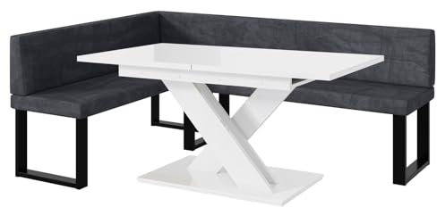 MEBLINI Eckbank für Esszimmer mit ausziehbarem Tisch - Küchenbank - Essecke - Sitzecke Küche - Toni - U-Beine 142x196x87cm Links - Dunkelgrau Samt/B Weiß Hochgl.