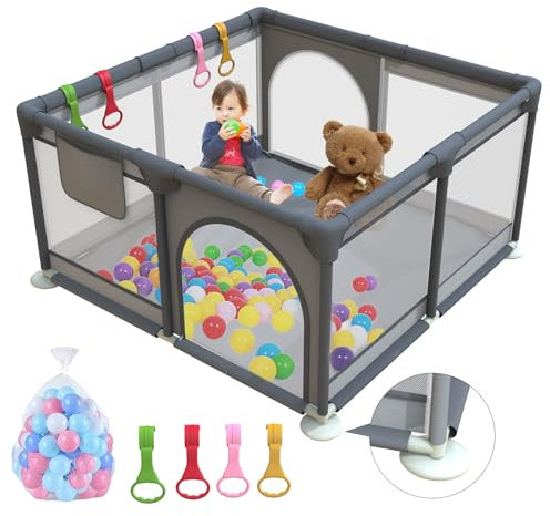 Laufstall Baby 120x120cm, Laufgitter Baby mit atratze und 2 Zugringen, Kinder Laufgitter mit Atmungsaktivem Netz und Reißverschluss für Kleinkinder, Dunkelgrau
