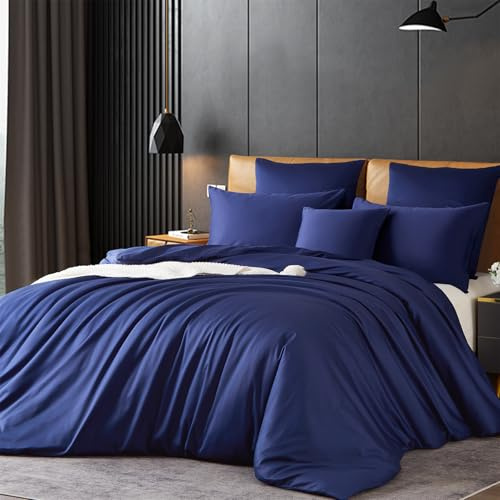Gezu Housse de Couette Coton 200x200cm Satin de Coton Bleu 100% Coton Cool Soie Soyeux Brillant Parure de Lit Coton à Longues Fibres Linge de Lit avec Fermeture Éclair et 2 Taies d'oreiller 65x65cm