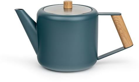Bredemeijer blaue Edelstahl Teekanne 1.1 Liter - Griff in Holzoptik - doppelwandige Retro Kanne - für längeren, warmen Teegenuss