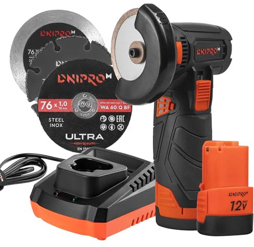 DNIPRO-M – Mini Smerigliatrice a Batteria CG-12BC 12 V Brushless, 18 500 RPM, 2 Batterie 2 Ah, 7 Dischi 76 mm, Protezione Sovraccarico, Freno Rapido, Carter Regolabile – Compatta e Versatile