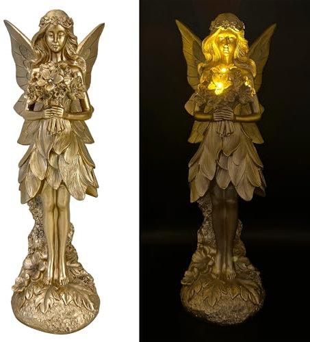 Gartenfiguren - Goldener Elfen mit LED beleuchteten Blumen für draußen - wetterfest - 35 cm hoch - Figuren mit Batteriebetrieb inkl. 6-Stunden Timer