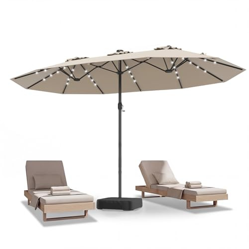 COSTWAY Doppelsonnenschirm 450x260 cm mit Ständer und LED-Beleuchtung | Sonnenschirm Groß XXL, UPF 50+, Gartenschirm mit Kurbel, Terrassenschirm, Marktschirm für Garten, Terrasse, Beige