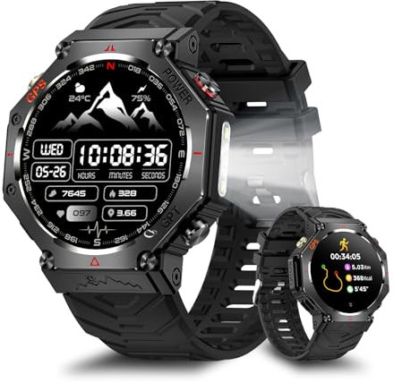 Rmana Reloj Inteligente Hombre GPS Integrado, 1.39'' Smartwatch para Android/iOS, Reloj Inteligente Impermeable con presión Arterial/Ritmo cardíaco/107 Modos Deportivos (Silicona Negra)