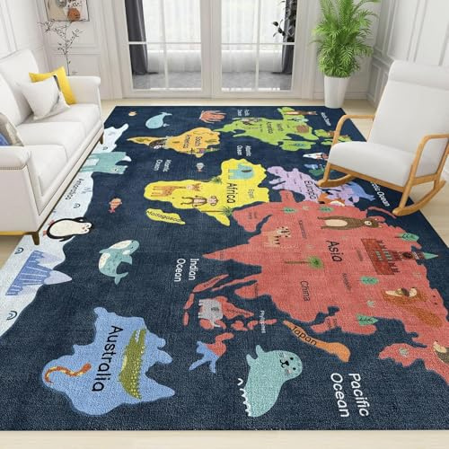 SMXVRC Cartoon Weltkarte Bodenteppich, 70x140cm, Marineblau Tiere Kinderteppich, Komfortabel Kurzflor Haustierfreundlich rutschfeste Atmungsaktiver Teppich für Restaurant Klassenzimmer