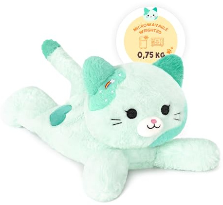 Wärmekissen Stofftier Katze 0,75KG Erwärmen in der Mikrowelle Wärmendes Gewichtstier Geschenk für Erwachsene Kinder 3+ Jahre (40cm, Grün)