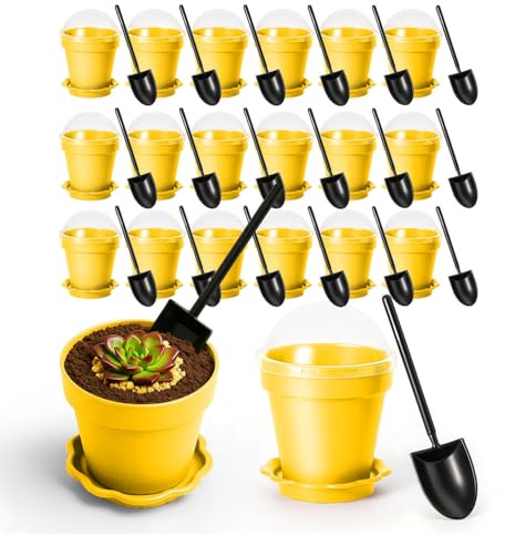 20 Pcs Nursery Pots with Humidity Dome, Flower Pot Dessert Cups with Bring A Plate and Shovel, Planting Cups for Seeds for Indoor Gardening and Plant Propagation(Yellow)