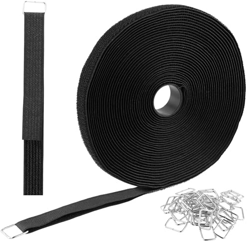 HONYUET 10m x 2cm Hook and Loop Cable Strap with 50 Metal Buckles, Black Adjustable Fastening Tape for Wire Management
