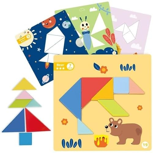 Tangram Puzzle Holz Magnetisch Spielset | Gedächtnisspiel Denkspiel Brettspiel Formen Bunt | Montessori Lernspielzeug für Kinder ab 3 Jahre | Geburtstag Geschenk Mädchen Junge | Nachhaltig FSC®