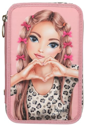 Depesche 13640 TOPModel Leoheart - Gefüllte 3-Fach Federtasche in Rosa, mit Model Motiv und Schleifen, Federmappe mit Buntstiften, Schere, Lineal UVM.