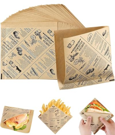 FUGLUS Papel Antigrasa,100 pcs Papel Encerado para Alimentos,Papel de Horno Reutilizable,Antiadherente Papel Envolver Alimentos,para Alimentos,Queso,Sándwiches,Panes,Papas Fritas,Hamburguesas(15*15cm)