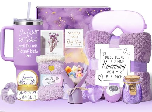Geschenke für Frauen,Gebutstagsgeschenkset für Frauen Beste Freundin | Entspannung Wellness 13tlg Geschenkbox mit 40 OZ Edeltahl Weinbecher Decke Bathsduft für Frau Mama Kollegin Schwester
