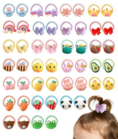 HUVZOR 50pcs élastiques à cheveux pour bébés, Multicolore Bande de Cheveux Porte, petites filles avec cheveux fins et moyens, avec motifs d'animaux, fruits, fleurs et nœuds