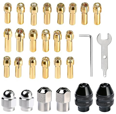 Kaiyzo Kit 28 Pezzi Pinze Rame 0.5-3.2 mm, Mandrini Autoserranti Senza Chiave, Compatibile con Dremel 4485 4486, Dadi e Chiavi Inclusi