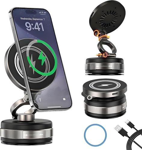 CarsMinders Wireless Car Mount Charger, 15W Fast Charging Vacuum Suction Cup Magnetic Car Phone Holder Charger, 360° Rotation & Three-axis Folding, Cell Phone Holder for iPhone & Android
