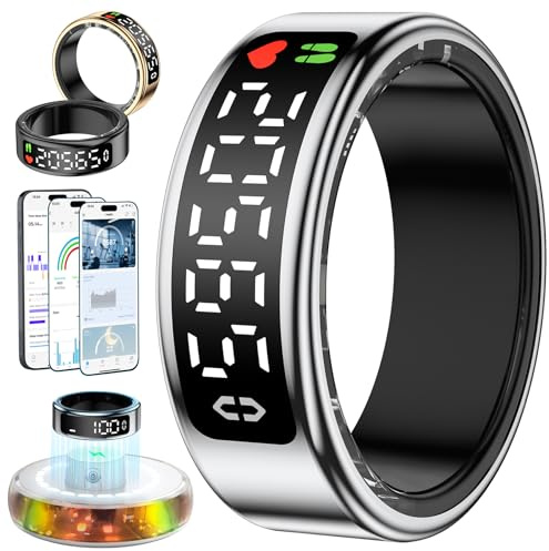 Smart Ring für Damen Herren, Smartringe mit LED Anzeige, Fitness Tracking Ring IP68, Schlaf Health Ring, Gesundheitsring mit Android/iOS,Schrittzähler/Herzfrequenz/SpO2/Aktivitätstracker (Silber, 12)