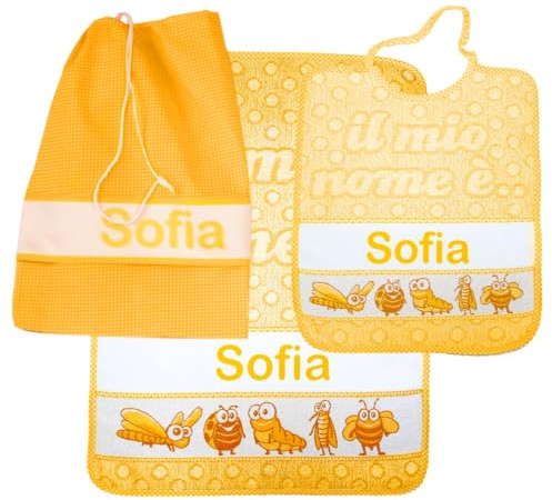 Bubabù Personalisierter 3-teilig Kindergarten-Set mit Namen: Lätzchen Frottee mit Gummiband 28x33 cm, Handtuch 40x55 cm und Beutel Baumwolle 100% Made in Italy - Bitte den Namen geben (gelb)