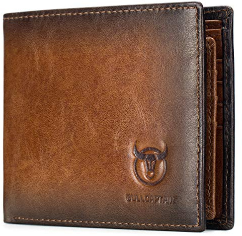 BULLCAPTAIN RFID Wallets for Men Slim Bifold Genuine Leather Front Pocket Wallet with 2 ID Windows QB-05 (Brown)