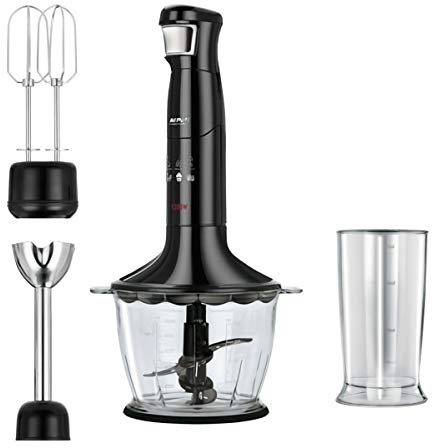MPM MBL-29/C Set Mixeur Plongeant, Hachoir Multi-usages, Fouet, Vitesse Ajustable, Gobelet Hachoir 1L, Verre à Mesurer 700ml, sans BPA, Acier Inoxydable, 1200W