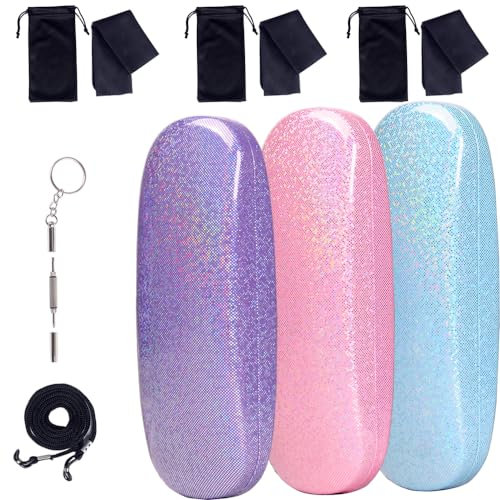 ADBGV 3Pack Unisex Hard Shell Glasses Case, Glasses Protector Case, Sunglasses Cases with Cleaning Cloth, Fixed Non-Slip Cord