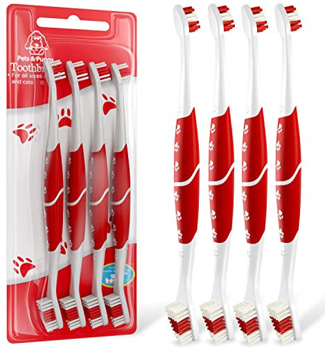 Pet Toothbrush for Dogs, Cats with Soft Bristles - Easy Teeth Cleaning & Dental Care, Non Slip Dual Head Dog Toothbrush for Medium & Large Pets, Toothpaste Not Included (Pack of 4(Red))