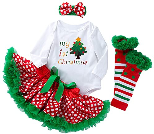 Winmany 4 Stück Baby-Strampler für Neugeborene Mädchen Weihnachtsoutfit Tutu-Kleid mit Stirnband Buchstabe Beinwärmer rote Schuhe Set für 0~24 Monate