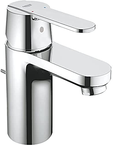 GROHE Get - Bathroom Low Pressure Basin Mixer Tap with Pop-Up Waste Set (Metal Lever, 35 mm Ceramic Cartridge, Tails 3/8 Inch), S-Size 139 mm, with QuickTool, Chrome, 23835000
