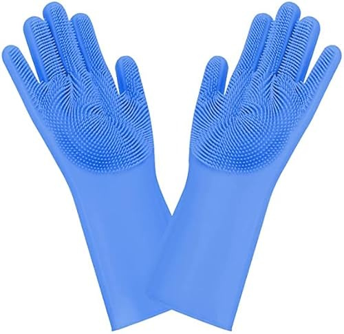 LONGFITE Silikon-Geschirrhandschuhe, Silikon-Waschschwamm-Handschuhe, wiederverwendbare Reinigungsbürste, Schrubber-Handschuhe, für Haustierpflege, Autowäsche (Blau)