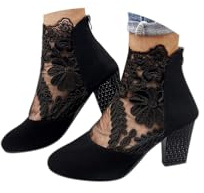 ORANDESIGNE Femmes Bottines Élégantes Épissage Fleurs Dentelle Fermeture Éclair Bottes D'été à Talons Épais Soirée Parties Chaussure Maille Respirant Bottines Grande Taille B Noir 38 EU