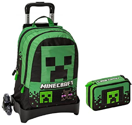 Trolley Mochila Desmontable Compatible con Minecraft Verde + Estuche completo de 3 niveles + 7 bolígrafos borrables y llavero juego cubo y bolígrafo multicolor