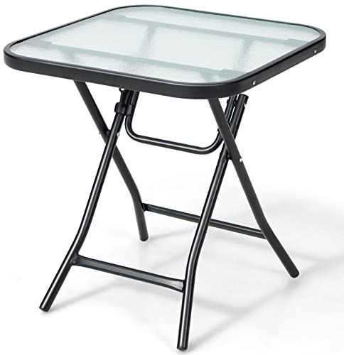 COSTWAY Beistelltisch klappbar, Kleiner Klapptisch, wetterfester Gartentisch, quadratischer Balkontisch mit Tischplatte aus gehärtetem Glas für Balkon, Garten, Terrasse, 46,5 x 46,5 x 42 cm