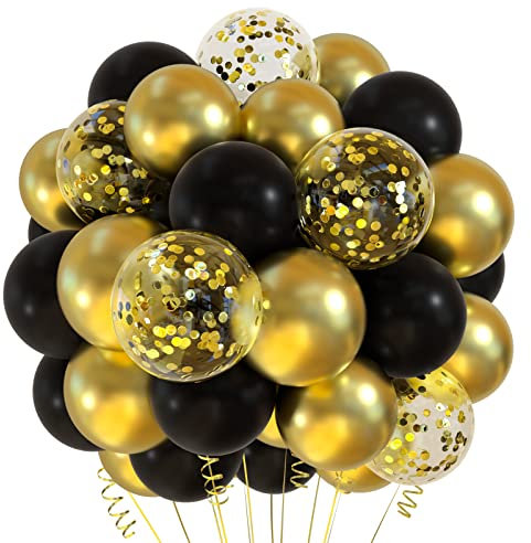 TUPARKA 12 inches Black Gold Confetti Balloons Kit 60 Pack Metallic Gold Black Party Balloon for Birthday Graduation Baby Shower Wedding Anniversary Party Supplies