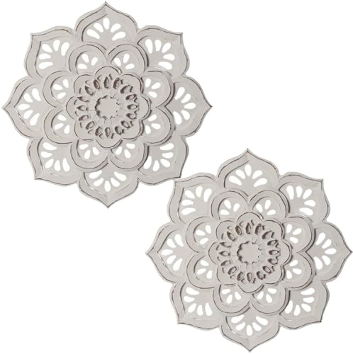 MARRAKESCH 2er Set Boho Deko Wanddeko Wanddeko aus Holz 40cm Gross Ornament Amila Weiss als Orientalische Wandbild Dekoration