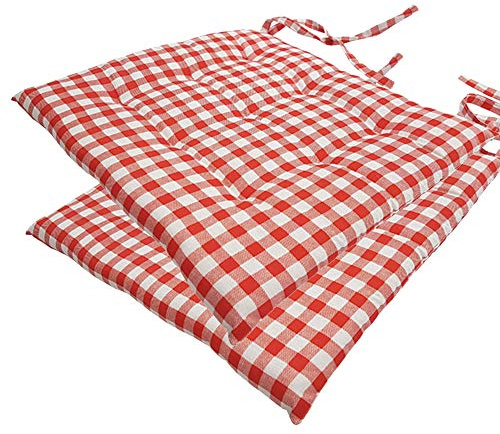 NYVI Stuhlkissen 40x40 cm ComfySeat Rot Weiß kariert 2er Set - Sitzkissen mit Bändern/Schleife, 9-fache Steppung - Indoor & Outdoor - Gartenstuhlkissen aus Baumwoll-Mischgewebe - ÖkoTex 100