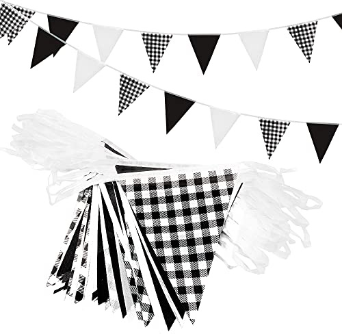 Banderines triangulares reutilizables de tela de poliéster de 16 x 22 cm, 52 unidades, color negro y blanco, para interiores y exteriores, decoración de fiesta infantil