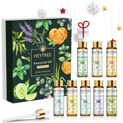 HEYTREE Set di oli essenziali 8 x 10ml, oli essenziali naturali puri per aromaterapia - Lavanda, Eucalipto, Tea Tree, Vaniglia, Menta piperita, Lemongrass, Bergamotto, Arancia
