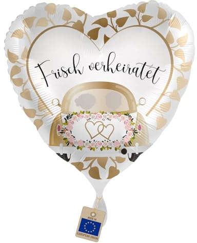 Folienballon Frisch verheiratet Herzballon Hochzeit | Ballon Just Married Geschenk Brautpaar Hochzeitsdeko Flitterwochen Deko Hochzeitsauto, Made in EU, Luft/Helium