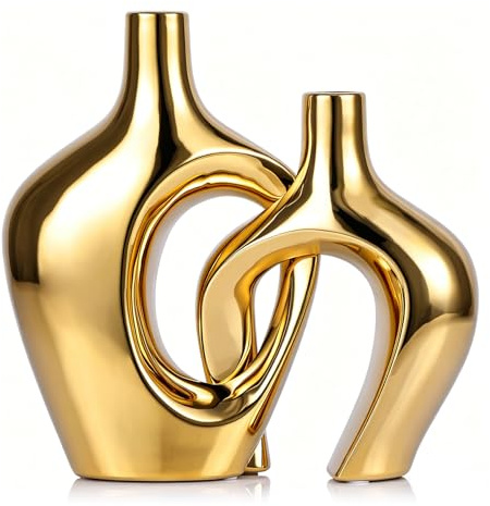 Goldene Hohle Keramikvasen im 2er-Set – Moderne Dekorvasen im nordischen Boho-Stil, Pampasgras-Blumenvasen für Hochzeit, Wohnzimmer, Büro, Eingang, Esstisch-Dekoration, Tafelaufsätze