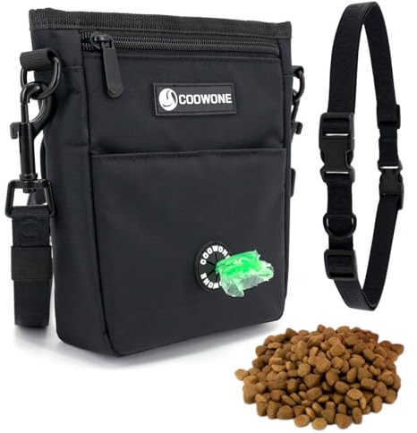 COOWONE Leckerli-Tasche für Hundetraining, Umhängetasche, Magnetverschluss, integrierter Kotbeutelspender, verstellbarer Schultergurt (Leine) und Hüftgurt (Hundehalsband)