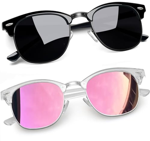 Joopin Halvram Solglasögon Herr Polariserade och Retro Damer Glasögon Classics Rektangulära Solglasögon Kvinnor Män Unisex med UV400 Skydd Helsvart und Rosa Spegel