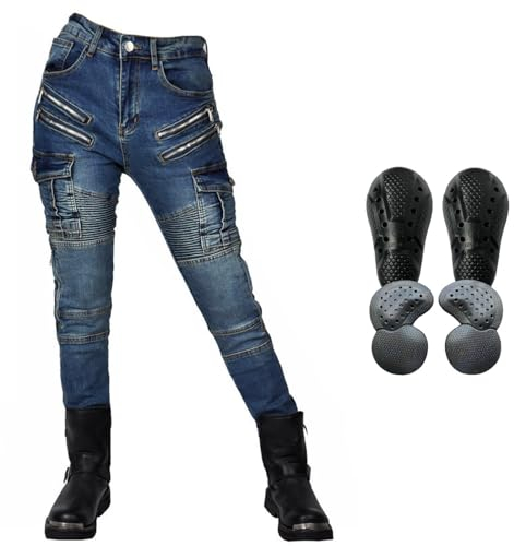 HOMDECR Damen Slim Fit Motorrad Jeans Mit Protektoren Knie Und Hüftprotektoren Stretch Slim Fit Denim Motorradhose Cargo Motorradjeans Schutzhose Biker Pants (Blau,XXL)