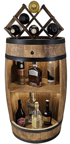 CREATIVE COOPER Fassbar LED mit Weinhalter - Weinregal - Holzfass Hausbar 80cm - Rustikaler deko Barschrank Weinständer – Fass, Bar Whisky, Bierfass Weinschrank (Wenge)
