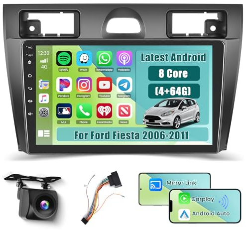 Inefala 8 Core 4+64G Android 15 Radio für Ford Fiesta 2002-2008, 9 Zoll HD Touchscreen mit Wireless CarPlay und Android Auto, GPS Navigation, AHD Rear Camera, FM/RDS, Bluetooth