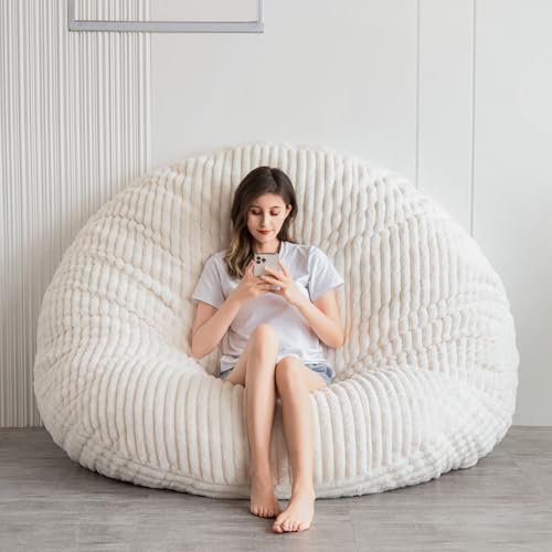 MAXYOYO Riesiges Sitzsack-Bett, quadratischer Sitzsack-Stuhl, großes Sofa mit Kunstfellbezug und Flauschiger Füllung für Erwachsene, Paare, Gäste (3D Streifen-Beige, 180 x 180 cm)