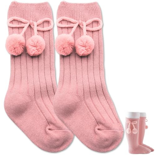 BABYZOCO Calcetines Largos de Algodón Con Pompones, Medias Largas de Algodón para Bebés, Calcetines de Rodilla para niños, Calcetas de Bebé, Apto para niños/as de 1 a 2 años, Talla M, Algodón, Rosa