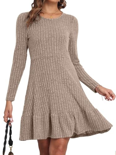 CheChury Robe Hiver Femme Chic et Elegant Manche Longue Robe Pull A-Line à Col Rond pour Femme Robe Pull Casual Robe Automne et Hiver,Kaki,L