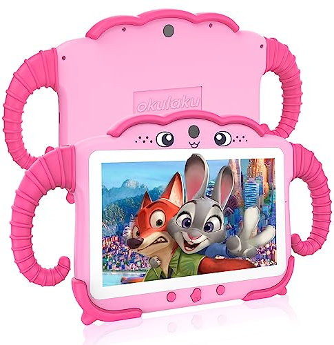 Okulaku Tablet Infantil de 7 Pulgadas para Niños de 3 a 14 Años - Android con Funda, Protección Infantil de 32 GB, Certificado GMS Certified para Niños con WiFi, Bluetooth, Google Play Store