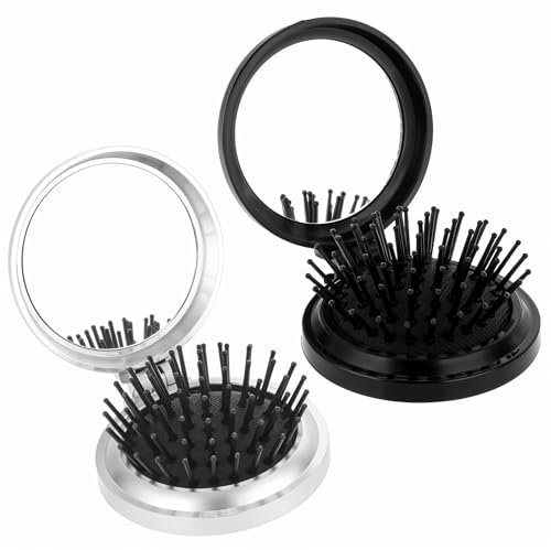 2 PCS Mini Folding Hair Brush with Mirror - Portable Wet/Dry Hair Massage Comb for Women, Girls & Men